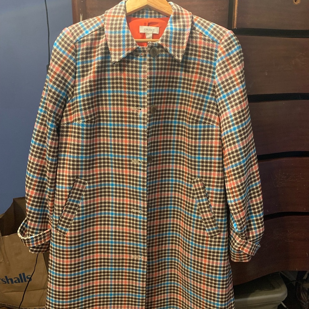 On 34th Checkered Car Coat with Orange Lining